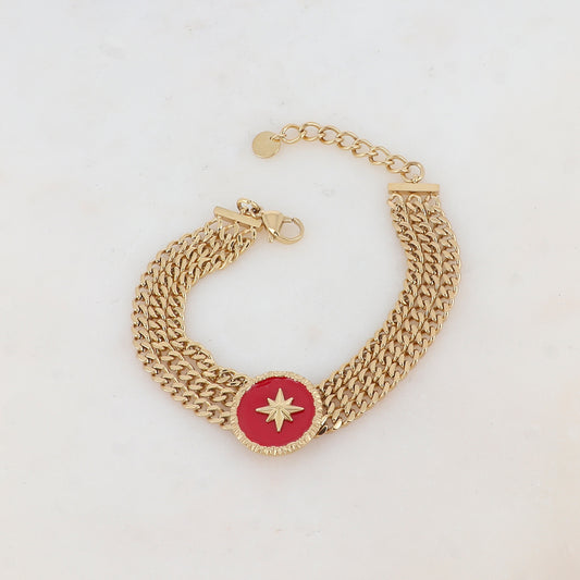 Bracelet en maille trois rangs avec pièce ronde émaillée, étoile