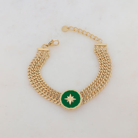 Bracelet en maille trois rangs avec pièce ronde émaillée, étoile