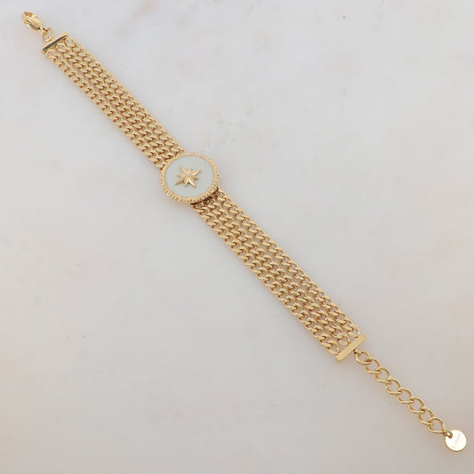 Bracelet en maille trois rangs avec pièce ronde émaillée, étoile