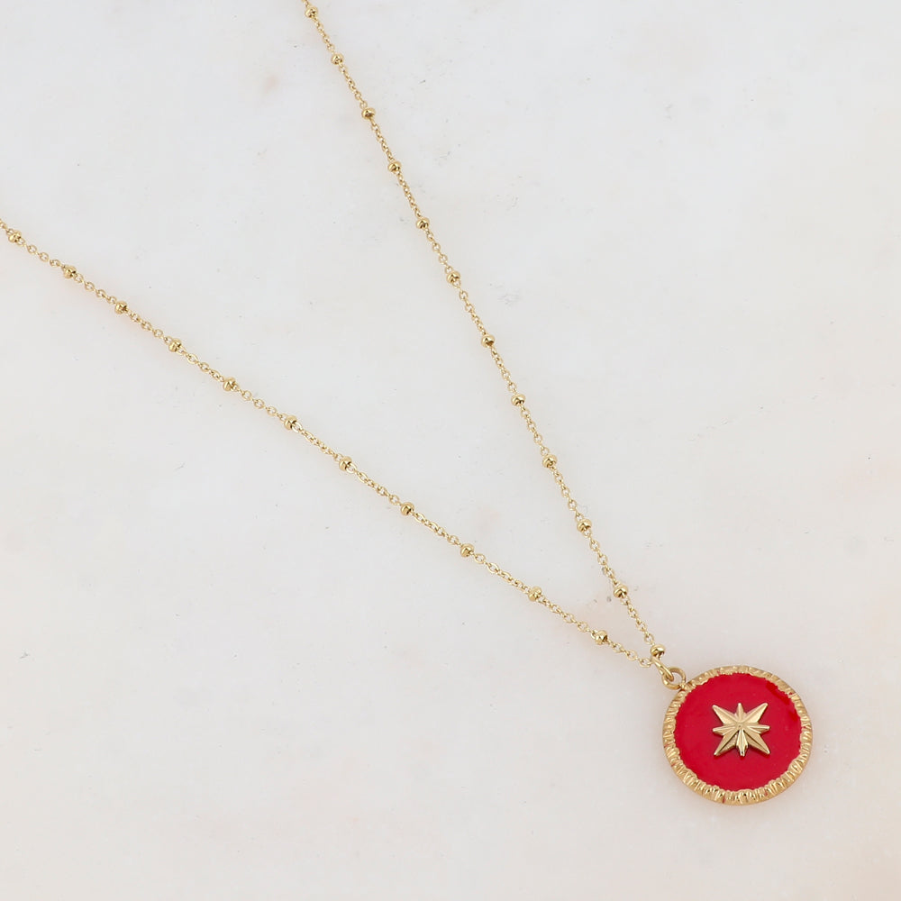 Collier avec pendentif rond émaillé rouge et étoile (38+7CM)