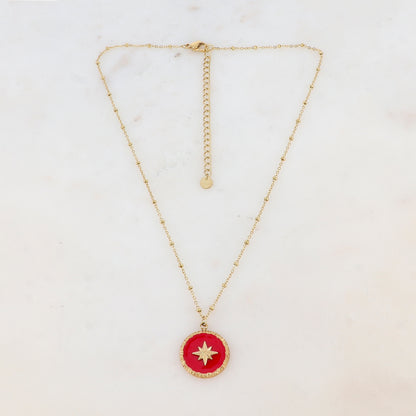 Collier avec pendentif rond émaillé rouge et étoile (38+7CM)