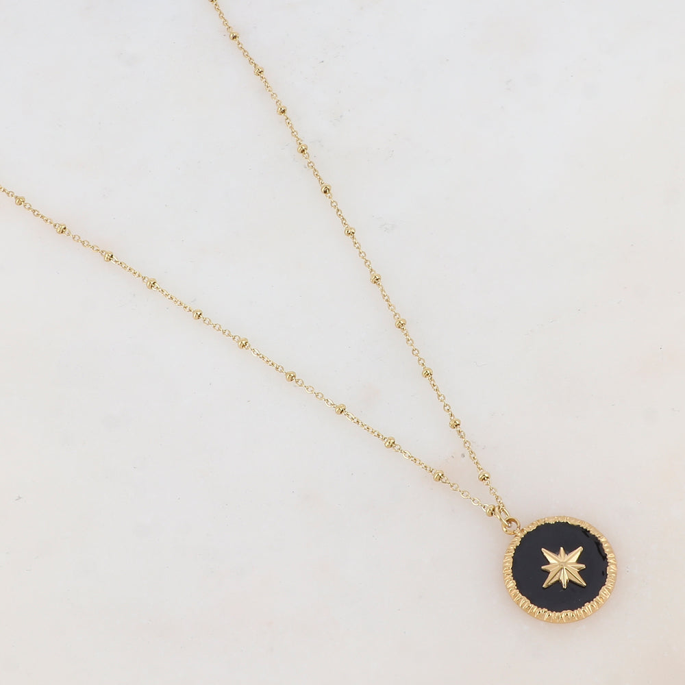 Collier avec pendentif rond émaillé noir et étoile (38+7CM)