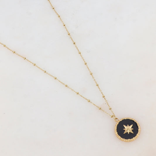 Collier avec pendentif rond émaillé noir et étoile (38+7CM)