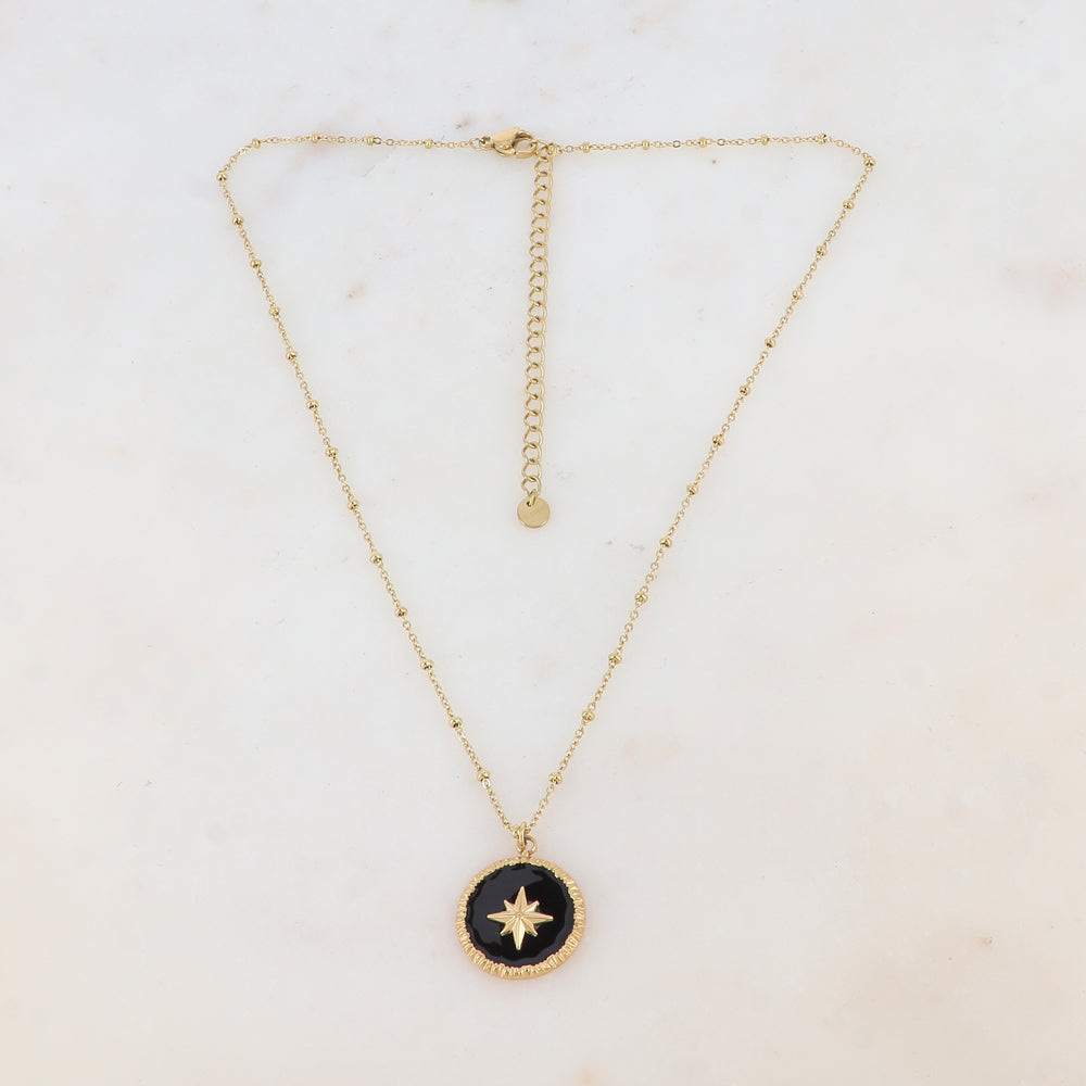 Collier avec pendentif rond émaillé noir et étoile (38+7CM)