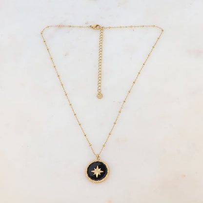 Collier avec pendentif rond émaillé noir et étoile (38+7CM)