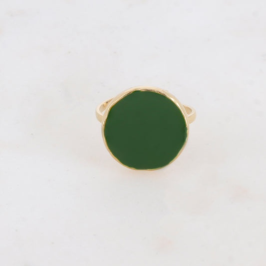 Bague avec pièce ronde émaillée -Vert sapin