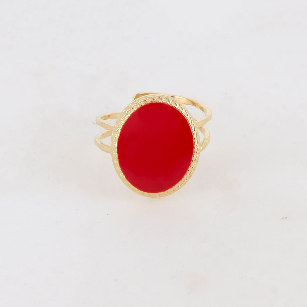 Bague avec pièce carrée arrondie émaillée - Rouge