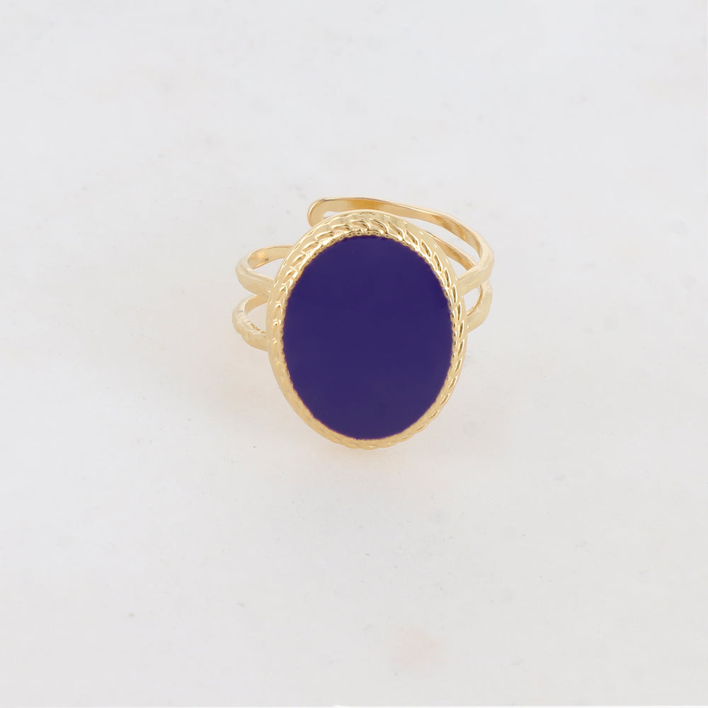 Bague avec pièce carrée arrondie émaillée - Bleu