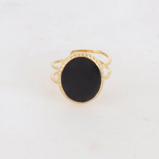 Bague avec pièce carrée arrondie émaillée - Noir