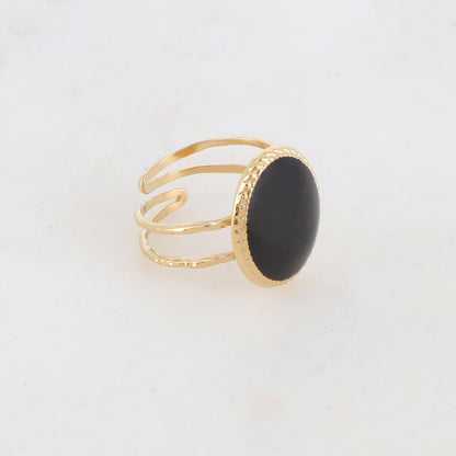 Bague avec pièce carrée arrondie émaillée - Noir