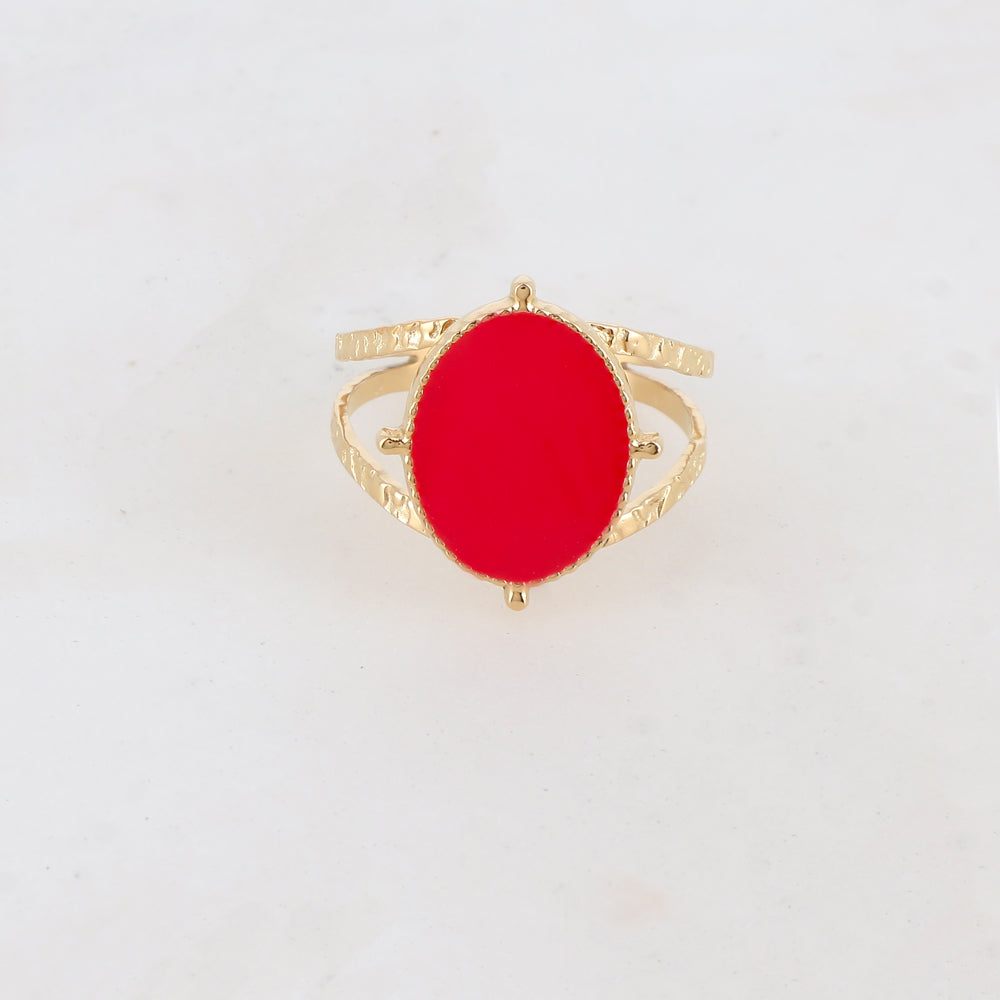 Bague 2 rangs avec pièce ovale émaillée - Rouge