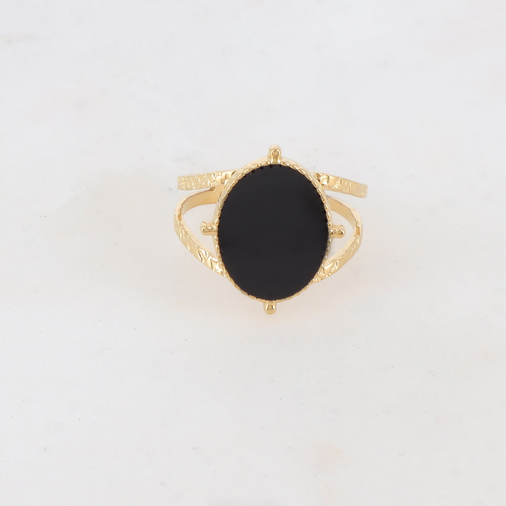 Bague 2 rangs avec pièce ovale émaillée - Noir
