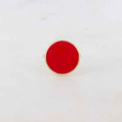 Bague fine lisse avec pièce ronde émaillée - Rouge
