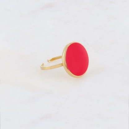 Bague fine lisse avec pièce ronde émaillée - Rouge