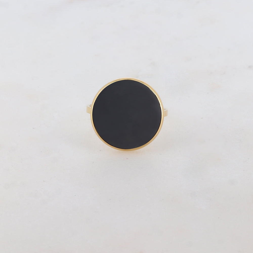 Bague fine lisse avec pièce ronde émaillée - Noir