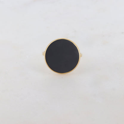 Bague fine lisse avec pièce ronde émaillée - Noir