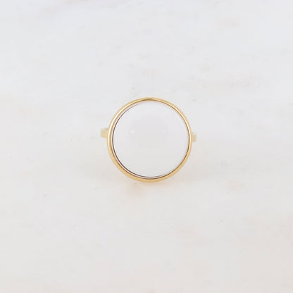 Bague fine lisse avec pièce ronde émaillée - Blanc
