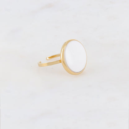 Bague fine lisse avec pièce ronde émaillée - Blanc