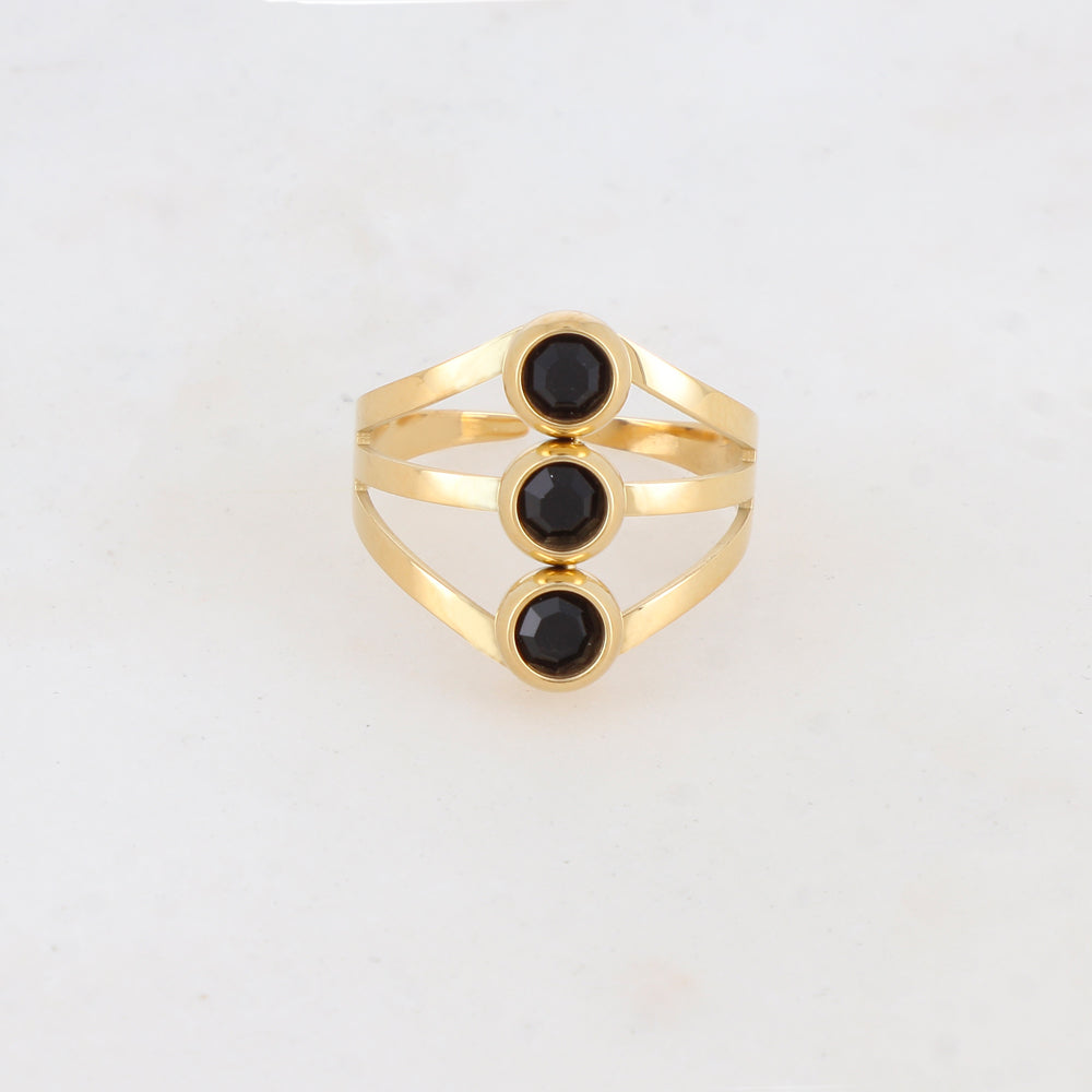 Bague 3 rangs avec 3 strass - Noir