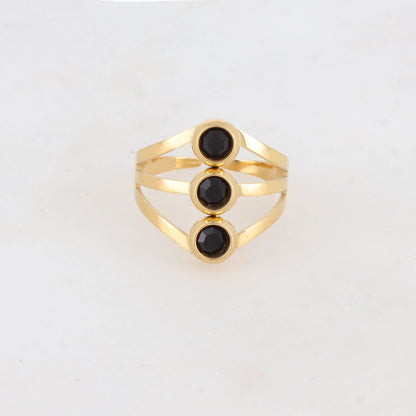 Bague 3 rangs avec 3 strass - Noir