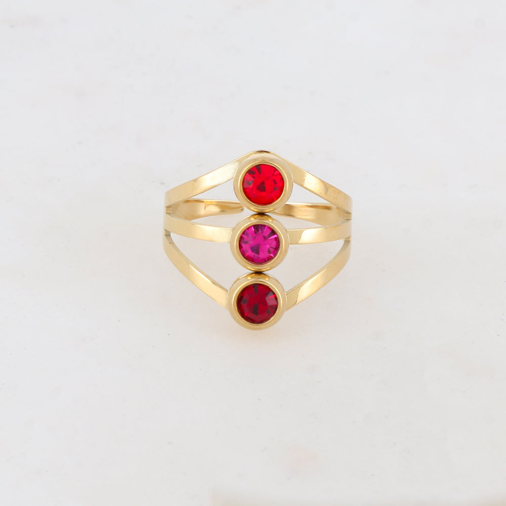 Bague 3 rangs avec 3 strass - Rouge