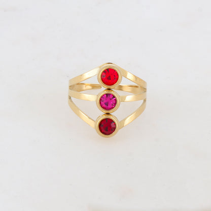 Bague 3 rangs avec 3 strass - Rouge