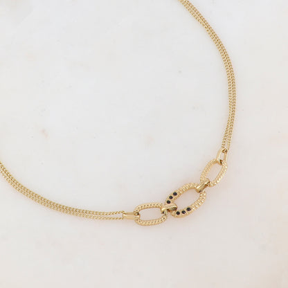 Collier 2 rangs avec anneaux ovales et strass noirs (40+5CM)