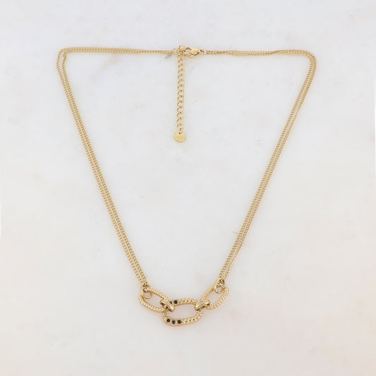 Collier 2 rangs avec anneaux ovales et strass noirs (40+5CM)