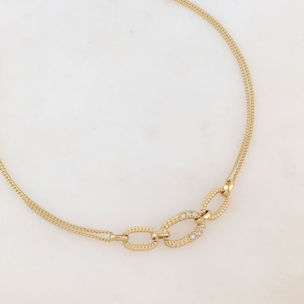 Collier 2 rangs avec anneaux ovales et strass blancs (40+5CM)