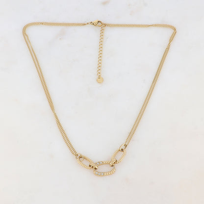 Collier 2 rangs avec anneaux ovales et strass blancs (40+5CM)