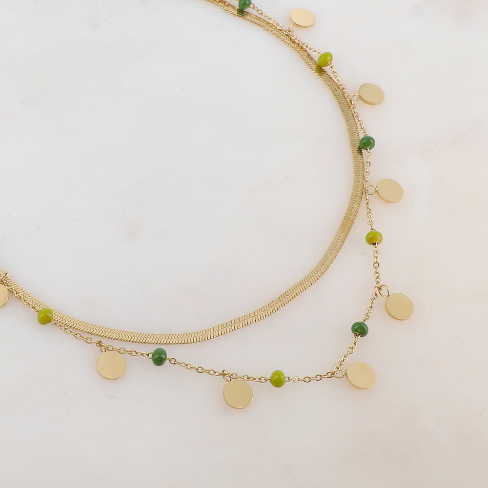 Collier 2 rangs avec maille miroir, pampilles rondes, perles émaillées (39/41+7CM)