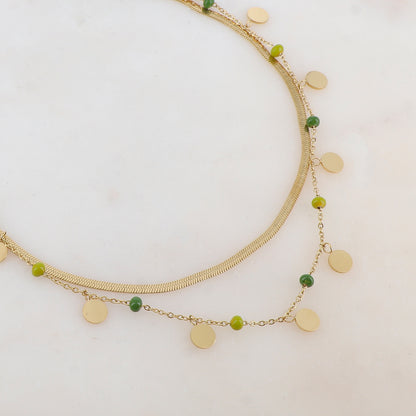 Collier 2 rangs avec maille miroir, pampilles rondes, perles émaillées (39/41+7CM)