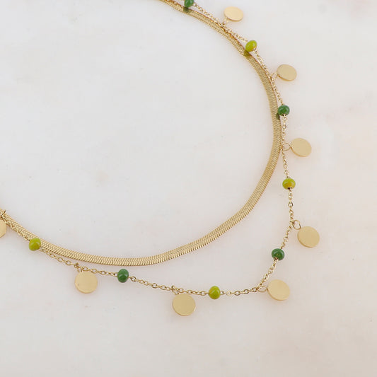 Collier 2 rangs avec maille miroir, pampilles rondes, perles émaillées (39/41+7CM)
