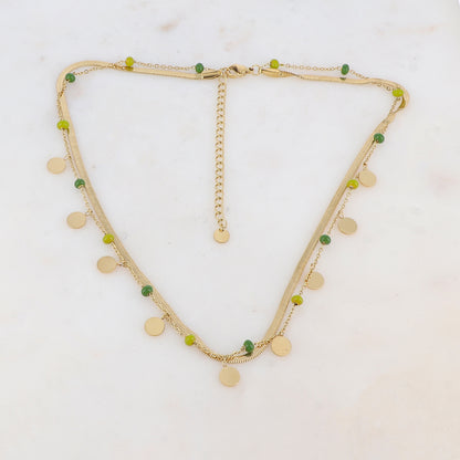 Collier 2 rangs avec maille miroir, pampilles rondes, perles émaillées (39/41+7CM)
