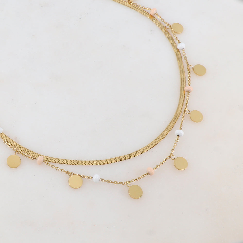 Collier 2 rangs avec maille miroir, pampilles rondes, perles émaillées (39/41+7CM)
