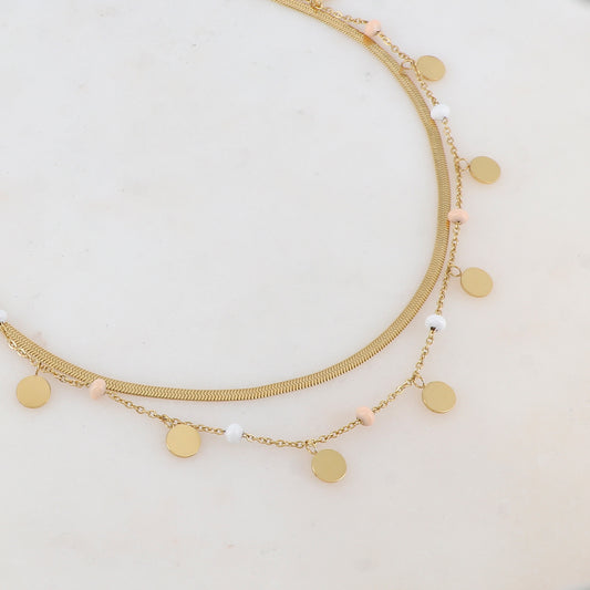 Collier 2 rangs avec maille miroir, pampilles rondes, perles émaillées (39/41+7CM)