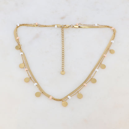 Collier 2 rangs avec maille miroir, pampilles rondes, perles émaillées (39/41+7CM)