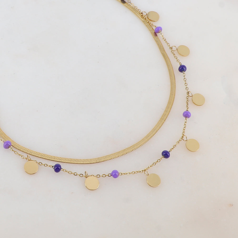 Collier 2 rangs avec maille miroir, pampilles rondes, perles émaillées (39/41+7CM)
