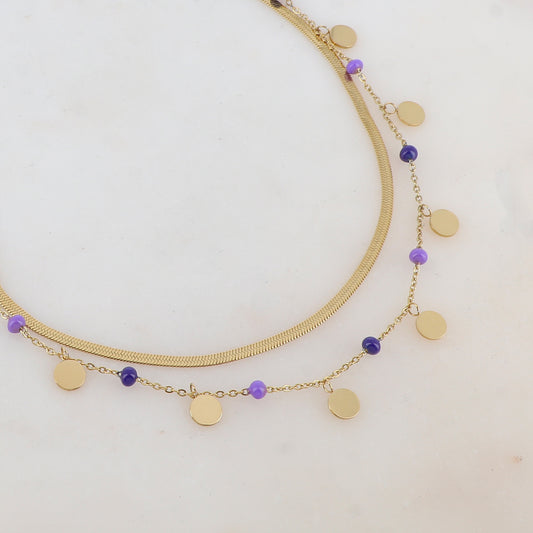 Collier 2 rangs avec maille miroir, pampilles rondes, perles émaillées (39/41+7CM)