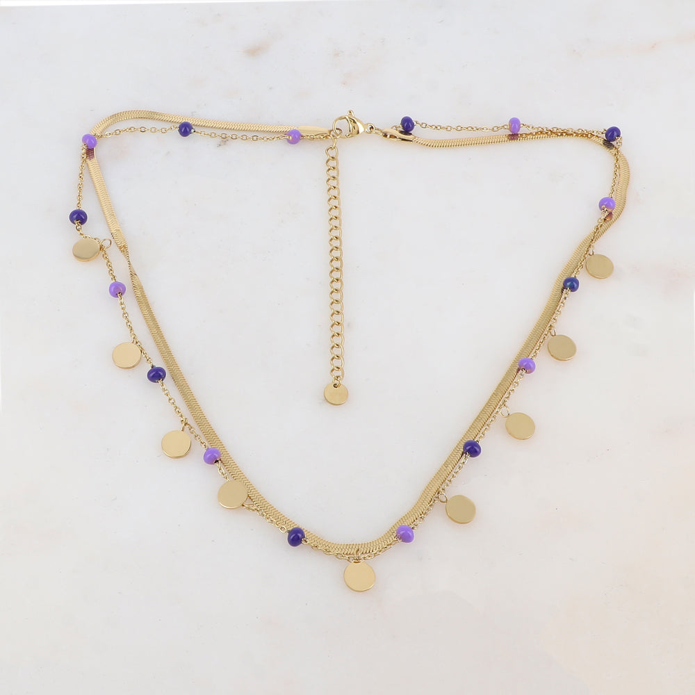 Collier 2 rangs avec maille miroir, pampilles rondes, perles émaillées (39/41+7CM)