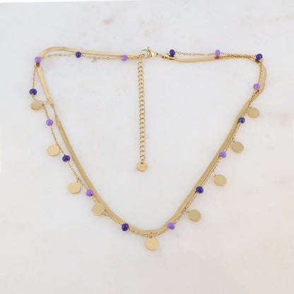 Collier 2 rangs avec maille miroir, pampilles rondes, perles émaillées (39/41+7CM)