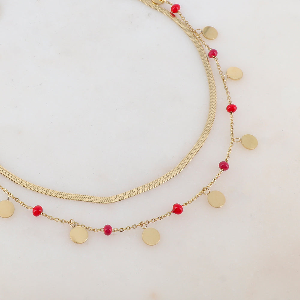 Collier 2 rangs avec maille miroir, pampilles rondes, perles émaillées (39/41+7CM)