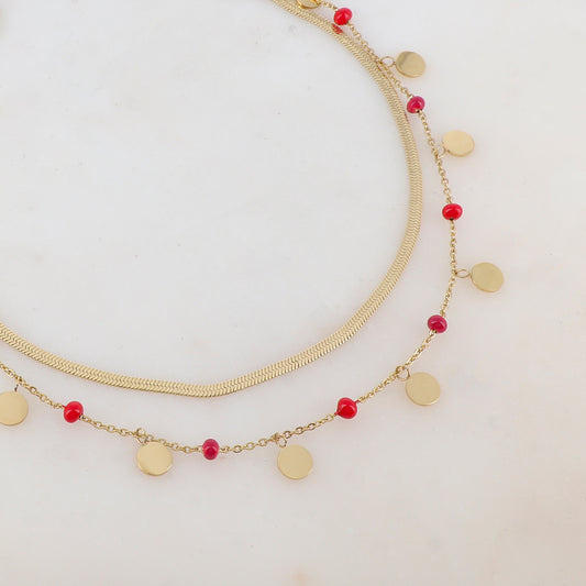 Collier 2 rangs avec maille miroir, pampilles rondes, perles émaillées (39/41+7CM)