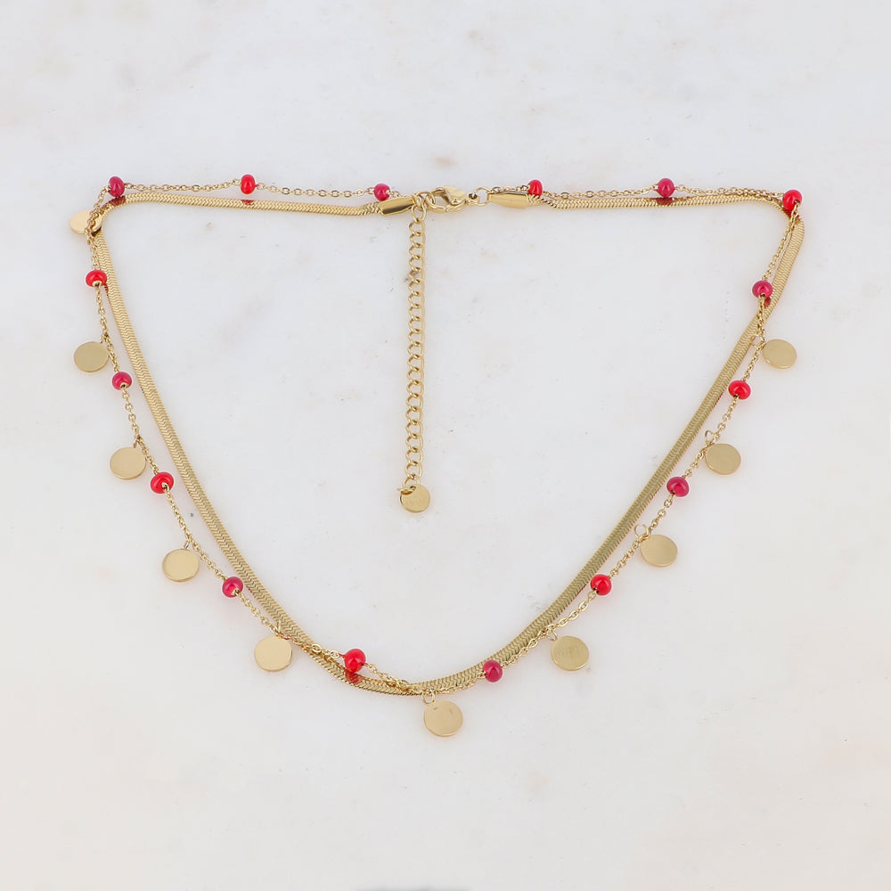 Collier 2 rangs avec maille miroir, pampilles rondes, perles émaillées (39/41+7CM)
