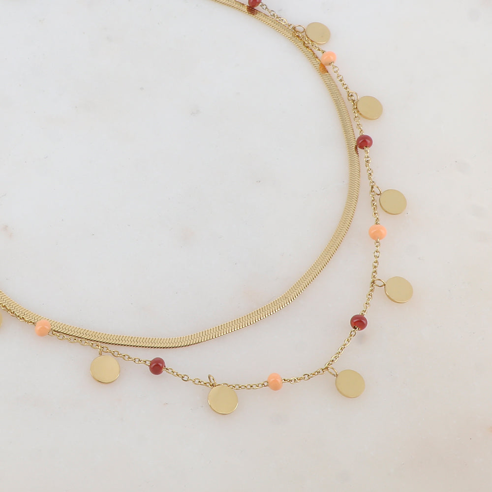 Collier 2 rangs avec maille miroir, pampilles rondes, perles émaillées (39/41+7CM)