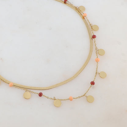 Collier 2 rangs avec maille miroir, pampilles rondes, perles émaillées (39/41+7CM)