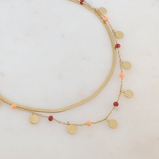Collier 2 rangs avec maille miroir, pampilles rondes, perles émaillées (39/41+7CM)