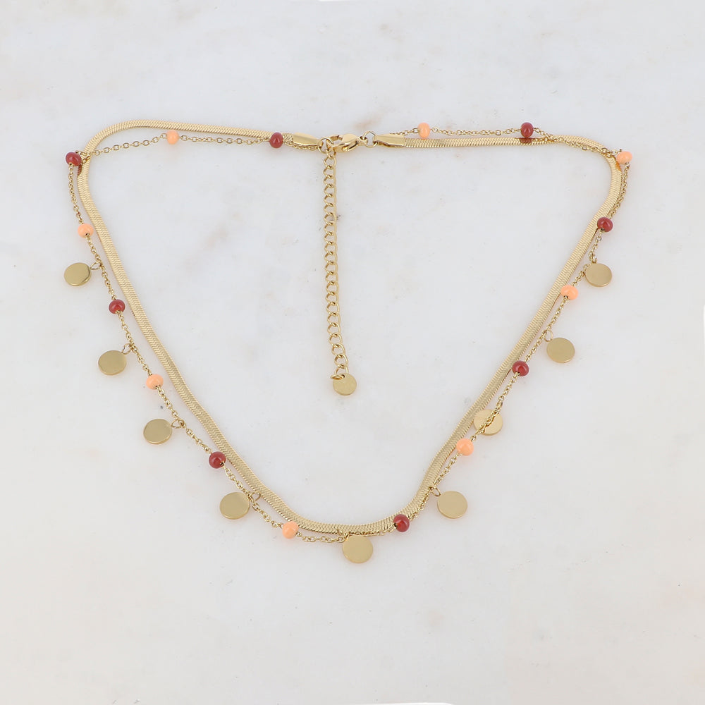 Collier 2 rangs avec maille miroir, pampilles rondes, perles émaillées (39/41+7CM)