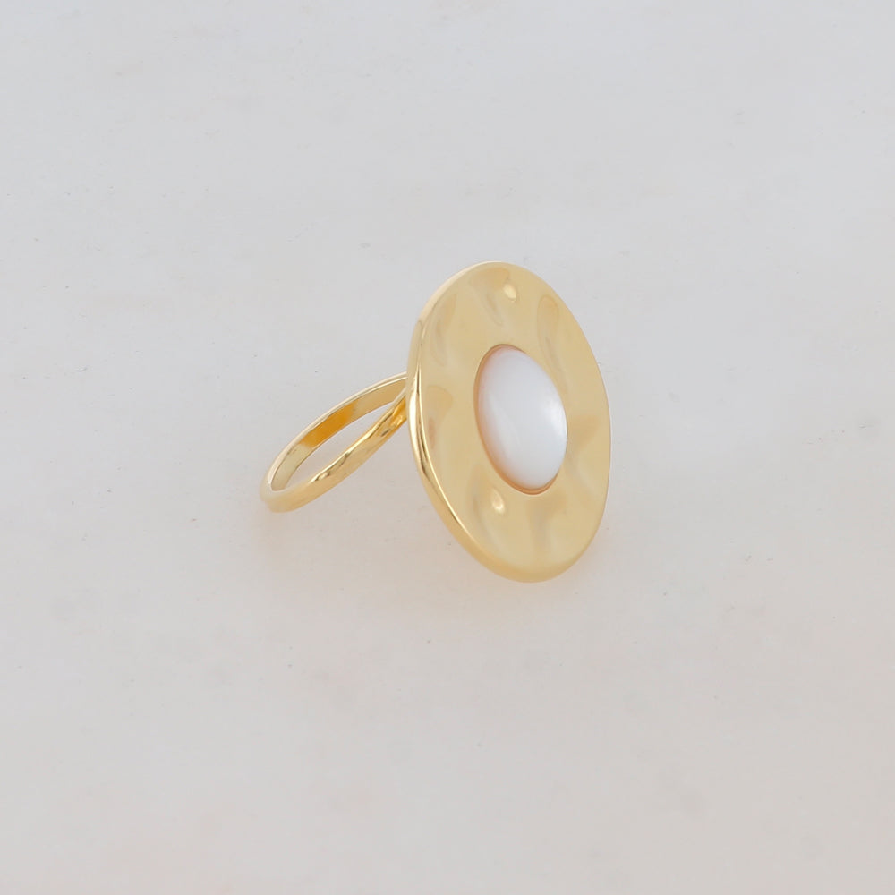 Bague ronde réglable avec pierre naturelle - Nacre blanche