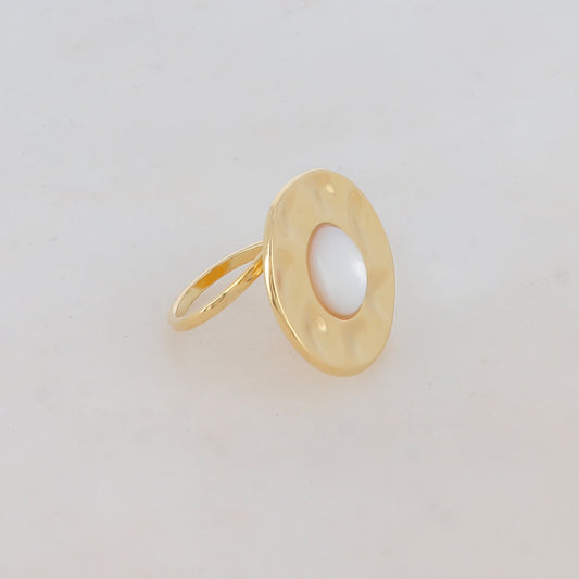 Bague ronde réglable avec pierre naturelle - Nacre blanche